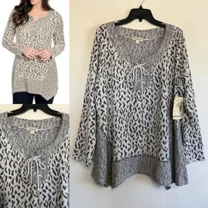 ONE WORLD Chenille Tunic Knit Top 2X Animal Print Beige Black Mixed Media NEW - Picture 1 of 10