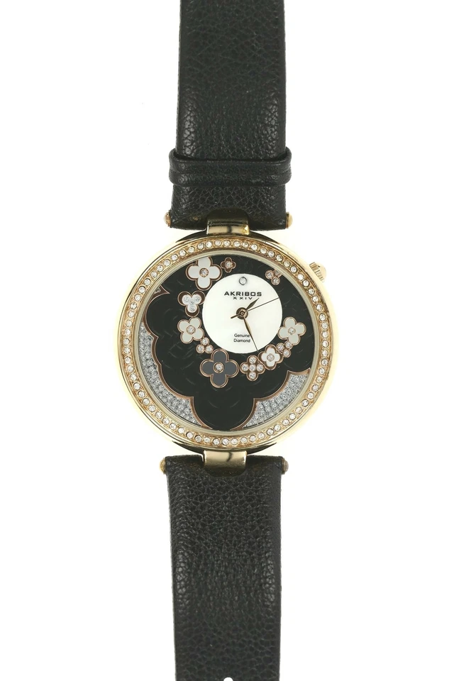 Akribos XXIV Women's Fiora Diamond Floral Black Leather Watch 137948 - Image 1 of 4