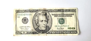 2001 $20 Twenty Dollar Bill Federal Reserve Note, serial # CB91457503A - Picture 1 of 2