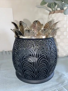 Bath & Body Works Black Pineapple Luminary 3 Wick Candle Holder Gold Leaves NEW - Picture 1 of 5