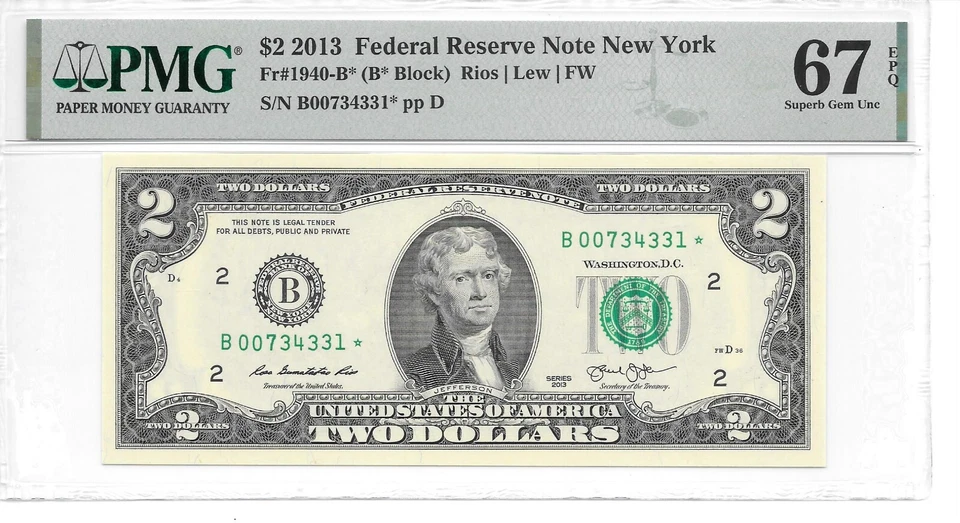 2013* NEW YORK  STAR  $2 FRN (B* BLOCK) PMG 67 EPQ SUPERB GEM UNCIRCULATED - Image 1 of 4