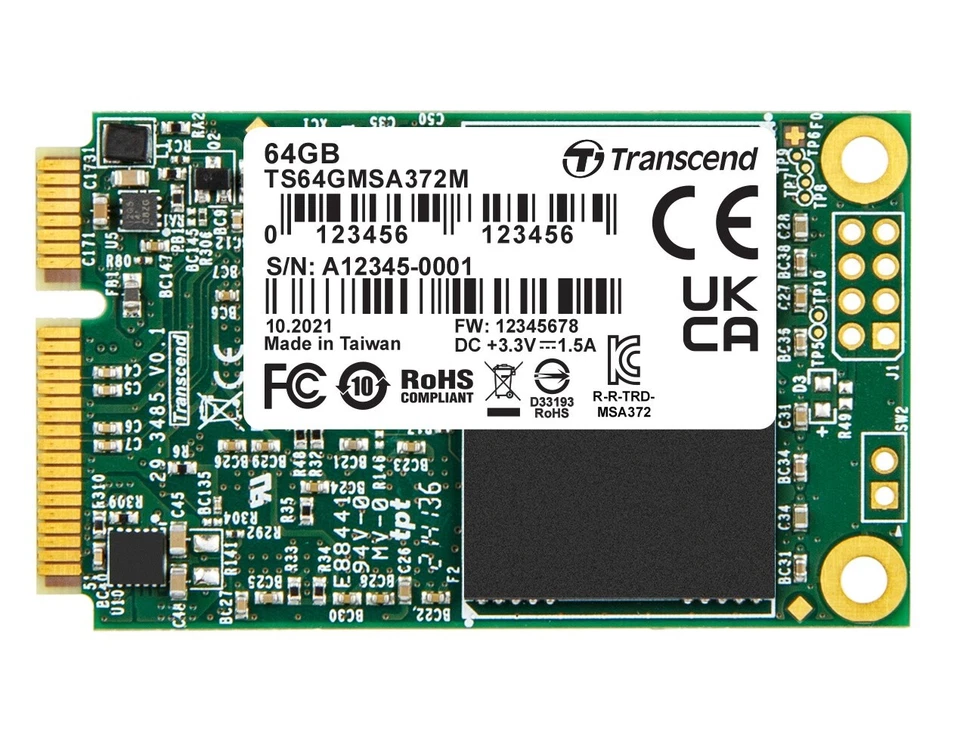 Transcend 64GB mSATA SSD MSA372M Series SATA3 MLC Industrial - TS64GMSA372M - Image 1 of 1