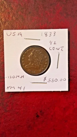 1833 Classic Head Half Cent  KM 41 USA Cover