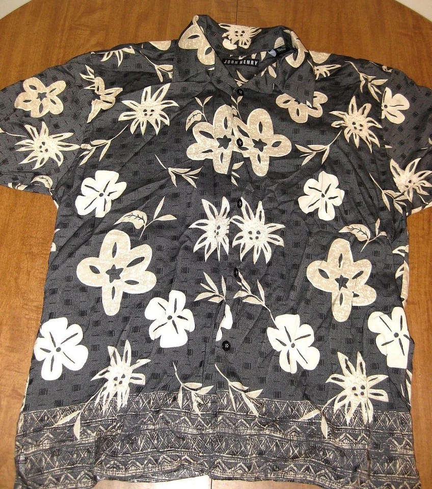 JOHN HENRY rayon Hawaiian shirt med gray flower print sawtooth zig-zag - Image 1 of 1