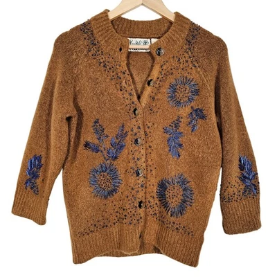 Cardigã Anthropologie Field flor frisado Goldengrove suéter marrom feminino P - Imagem 1 de 4