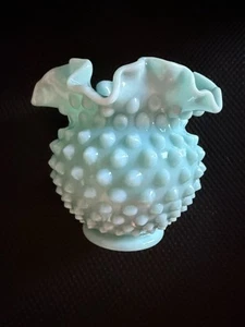 Vtg Fenton Turquoise Blue Milk Glass Hobnail Double Ruffle Vase 4 1/4" - Picture 1 of 8
