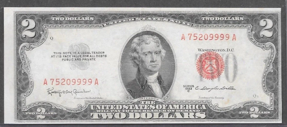 Dramatic Shift Error on 1953C $2 United States Note Red Seal Note FANCY SERIAL - Image 1 of 1