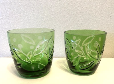 Set of 2 Vntg Bohemian Green Cut to Clear Crystal Glasses/Barware-Wheat Pattern - Image 1 of 4