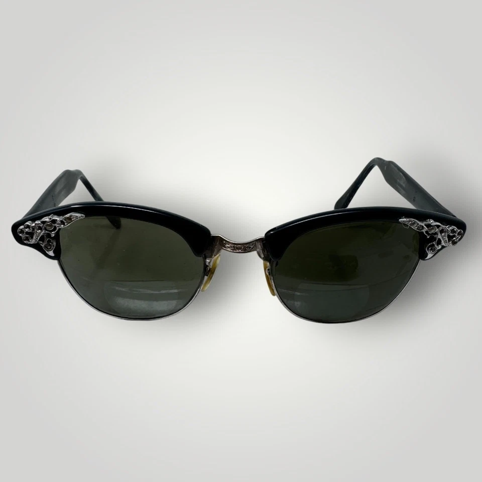 Vtg Riso 1940s Black Cat Eye Sunglasses Eyeglasses Diamante 5.5 12k Gold Filled - Image 1 of 4