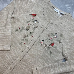 Blair Winter Birds Cardigan Womens L Beige Sequins Pinecones Cardinal NWOT - Picture 1 of 7
