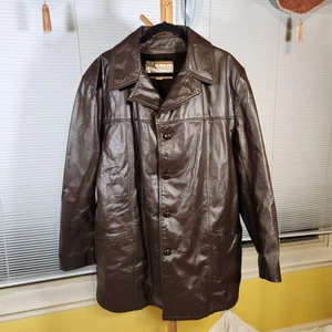 Vintage Montgomery Ward Sz 48 Brown Button up Leather Over Coat Removable Liner - Picture 1 of 11