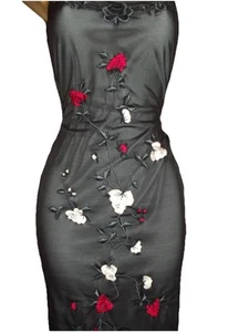 Vintage ❤️ Karen Millen Schwarz Rose Mesh Perlen Muschel Etuikleid UK 8 10 Party - Bild 1 von 10