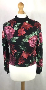 Lost Ink Black Red Sequin Floral Mesh Long Sleeve Slim Stretch Top UK8 - Picture 1 of 12