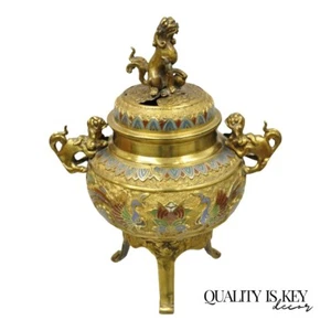 Quemador de incienso vintage japonés Cloisonne esmalte Champleve bronce Foo Dog - Imagen 1 de 12