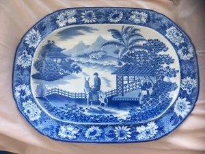 *LARGE RARE Antique Platter Pottery Pearlware Blue Meat Plate Horseman c1800s - Picture 1 of 9
