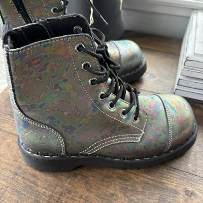 T.U.K. Anarchick 7 Eye Metalic Oil Slick Whimsigoth Combat Punk Boots Size 7 - Image 1 of 4