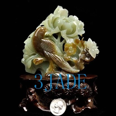 Escultura tallada estatua flor pájaro jade nefrita hetiana natural con certificado Foto 1 de 4
