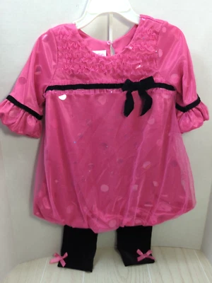 Bonnie Baby 24 mos girls pink bubble tunic top black velour bow leggings set - Image 1 of 4