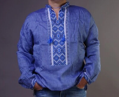 Ukrainian VYSHYVANKA Mens handmade Embroidery indigo blue Linen denim Wedding - Image 1 of 4