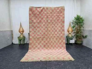 Moroccan Boujaad Handmade Rug 4'8"x8'2" Berber Checkered Pink Wool Tribal Carpet - Picture 1 of 5