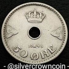 Norway 50 Ore 1948. KM#386. Holed Half Dollar Coin. King Haakon Vll. Crown.