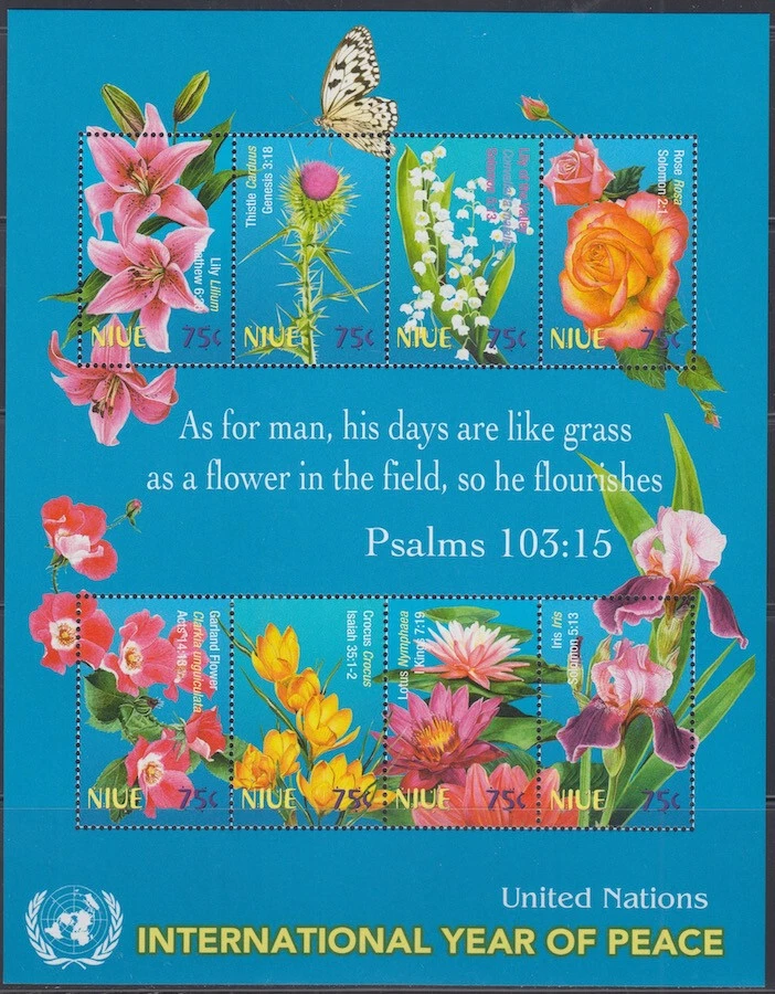 NIUE # 788a-h MNH SHEET of 8 FLOWERS for INT'L PEACE YEAR w/QUOTE from PSALMS - Image 1 of 1