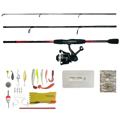 RIGGED & READY TRAVEL FISHING K Fish Fishing Rod Reel Tackle Combination with case 170cm 5’7” . 3 Section Rod