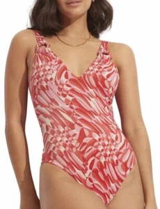 Seafolly V-Neck One Piece Swimsuit Size 16 Coral Pink Very Good Condition - Picture 1 of 9