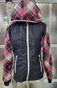 Snozu Winter Jacket - Youth Large (14-16) - Black & Pink Plaid - Faux Fur Inside - Picture 1 of 9