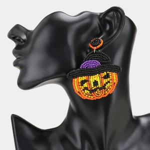 Stylish Women's Seed Bead Witch Hat Pumpkin Statement Earrings - Picture 1 of 2