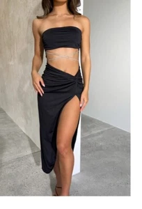 NEW TIGERMIST BLACK STRAPLESS BLING BELT CUTOUT MIDI DRESS 6 10 12 14 - Picture 1 of 4