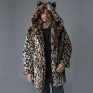 Men's Faux Fur Coat Leopard Mid Long Winter Warm Thick Windbreaker Casual Jacket - Picture 1 of 13