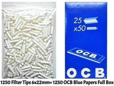 1250 Cigarette Rolling Filter Tips 6x22mm Long Slim + 1250 OCB Blue Papers - Image 1 of 4