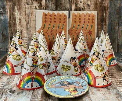 Vintage 70s/80s Wonder Woman Birthday Party Hats/Plates READ DESCRIPTION - Image 1 of 4