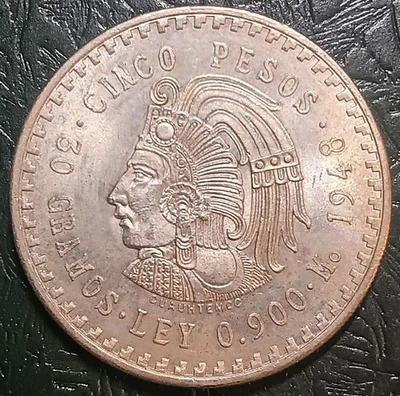 1948 Mexico 90% Silver 5 Pesos Cinco Pesos Cuauhtemoc KM465 30 Grams - Image 1 of 2