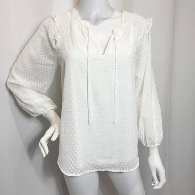 Blusa boho Simply Vera Wang para mujer talla pequeña punto blanco mangas 3/4 corbata frontal Foto 1 de 4