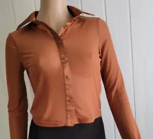 Damen Top braun transparent Kragen Knopfleiste Crop moderne Bluse Größe S - Bild 1 von 4