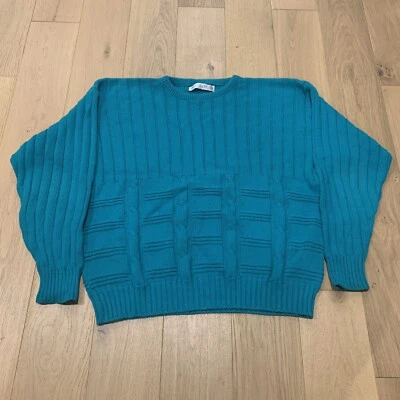 Suéter pulôver de malha vintage anos 80 Jantzen azul-petróleo gola redonda feito nos EUA G - Imagem 1 de 4