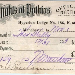 Recibo de cuotas de membresía de Knights of Pythias Hyperion Lodge 1923 Manchester IA C46 - Imagen 1 de 3
