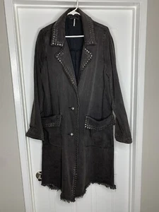 Free People Stud Black Denim Duster Trench Grunge Rock Baggy Jacket Coat Medium - Picture 1 of 10