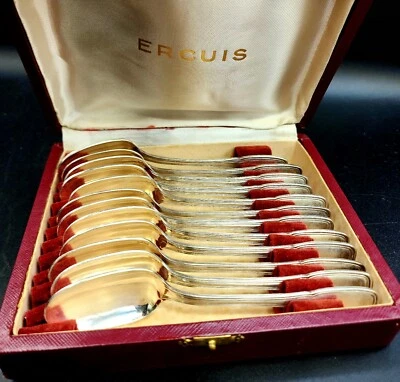 Colheres de sobremesa francesas antigas ERCUIS prato esterlina conjunto com 12 peças com caixa original - Imagem 1 de 4