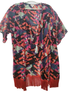 LuLaRoe Lindsay maglione donna L rosso blu cardigan drappeggio collo frange leggero - Foto 1 di 4