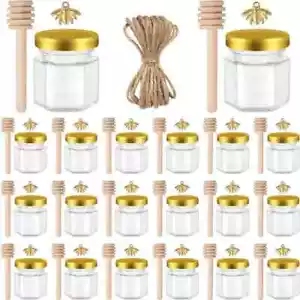 20 Pcs Mini Glass Honey Jars 1.5 Oz Hexagon Honey Jars with Wooden Dipper&Lid - Picture 1 of 12