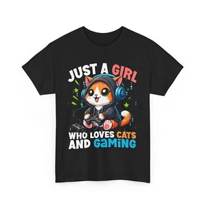 Cute Cat Gamer T-Shirt, Just a Girl Who Loves Cats and Gaming, Adorable Kawaii - Picture 1 of 15