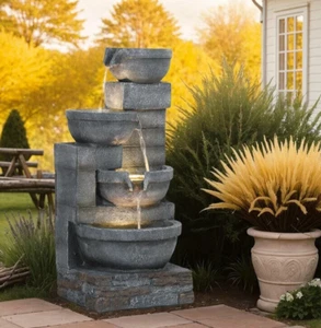 Indoor Outdoor Cascading Bowls 4-Tier Water Fountain LED Lit Yard Deck Garden 30 - Picture 1 of 7