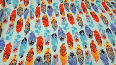 Rayon Challis Fabric By The Yard Feather Multicolor Blue Background Soft Flowy  - Image 1 of 4