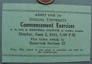 Boleto de graduación de ejercicios de graduación de la Universidad Bloomington Indiana 1941 IU- - Imagen 1 de 1