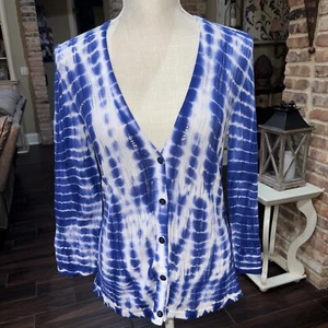 CHICO's Cardigan Blue Tie Dye Size 0 3/4 Sleeves Sweater Cotton Button Up - Picture 1 of 11