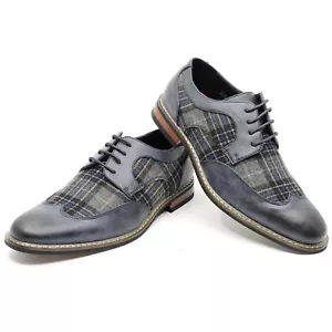 Navy Gray Men's Plaid Lace Up Wing Tip Classic Oxford Dress Shoes - Picture 1 of 6