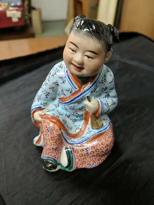 Vintage Chinese hand Painted Sitting Boy Figures. With bell - Image 1 of 4